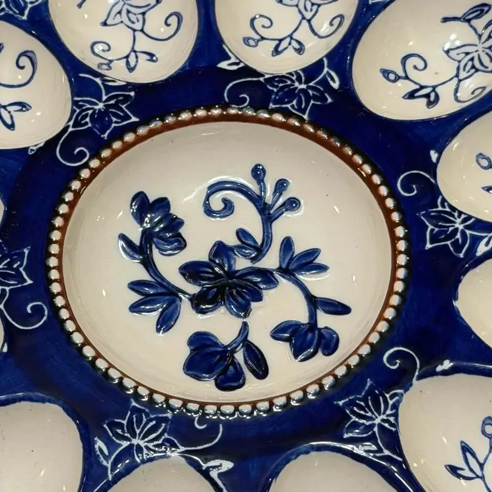 Majolica Ceramic Hand Painted Floral Lace 12 Egg Tray Platter 12”